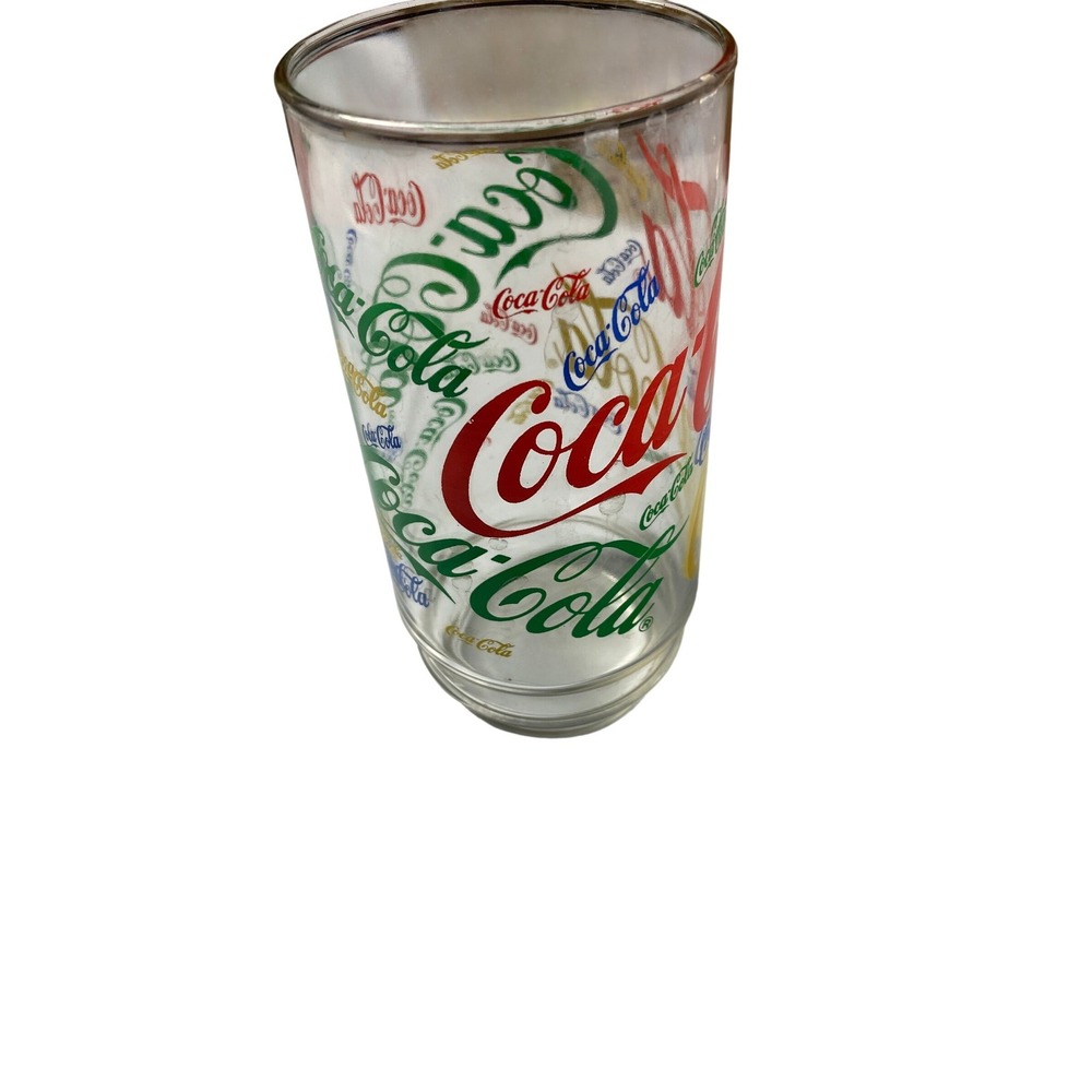 Vintage Coca-Cola Multi Logo Glass Tumbler Colorful All‎ Over Print Soda Pop Cup